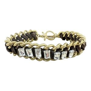 American Eagle Gold Tone Chain Brown Suede Rhinestone Toggle Bracelet Live Life